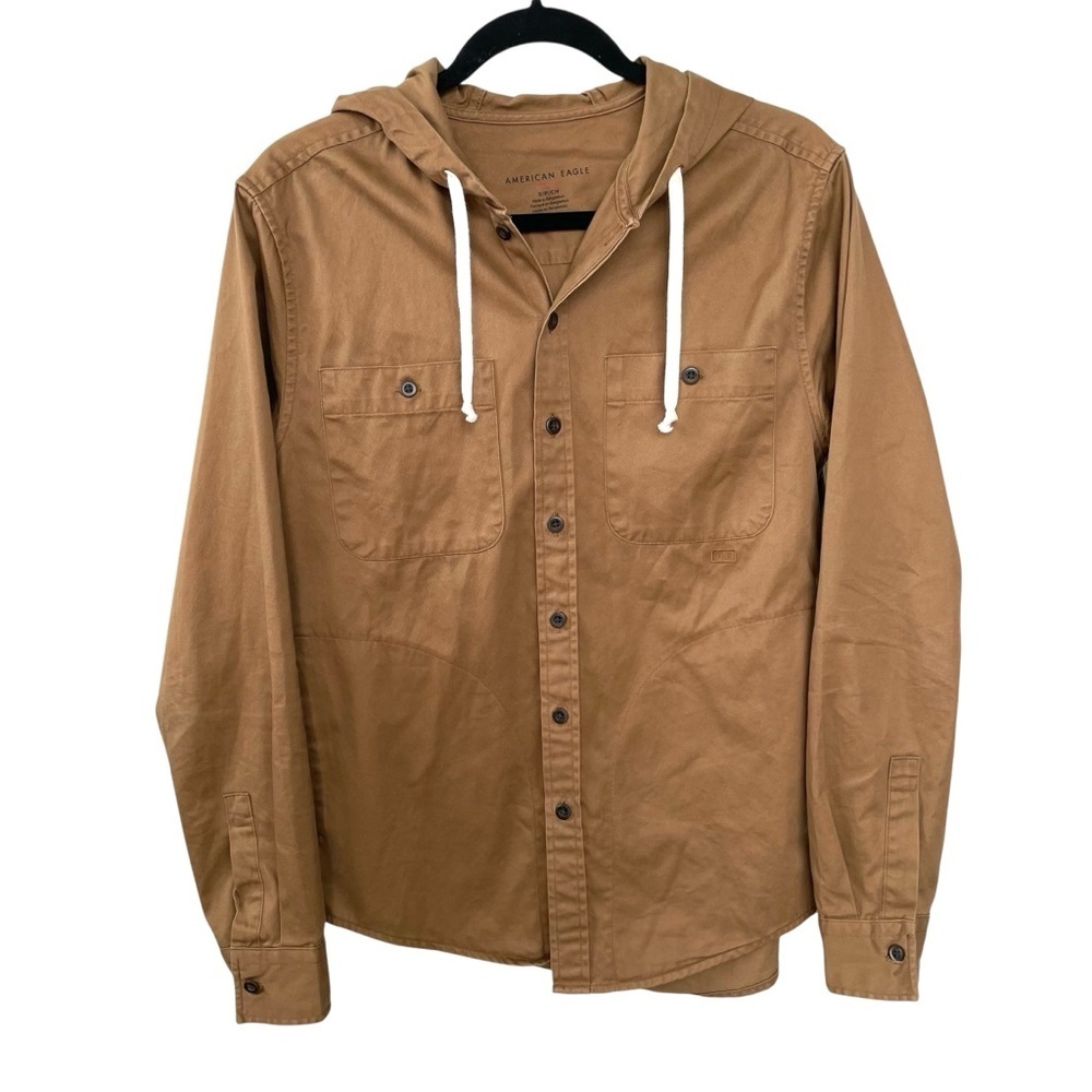 American Eagle Outfitters Men's Cotton Button Hooded Shirt Jacket Khaki Brown S